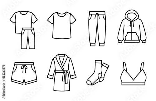 Casual clothing outline icons – linear style fashion, apparel, and wardrobe symbols for design: t-shirt, shorts, pants, hoodie, robe, socks, bra.