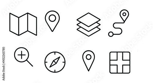 Navigation and maps line icons set – outline style for gps, location, and wayfinding: map, marker, layers, route, zoom, compass, location pin, grid