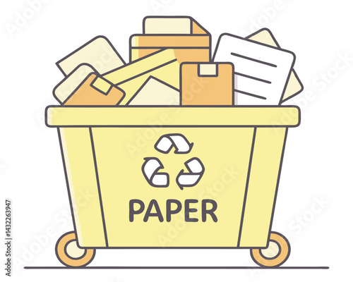 Paper Recycling Bin Illustration: Cardboard, Documents, Yellow Container with Symbol