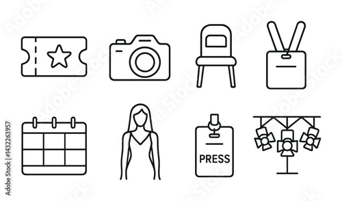 Event planning icon set – outline style conference, party, and entertainment symbols for successful gathering: ticket, camera, chair, badge, calendar, audience, press, stage.
