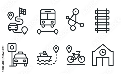 Urban transportation icon set – linear style symbols for city travel, public transport, and navigation: car route, bus, metro, train tracks, taxi, ferry, bicycle, station.