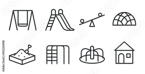 Playground and recreation linear icons set – outline style outdoor activities, fun, and children symbols: swing, slide, seesaw, igloo, sandbox, jungle gym, fountain, playhouse.