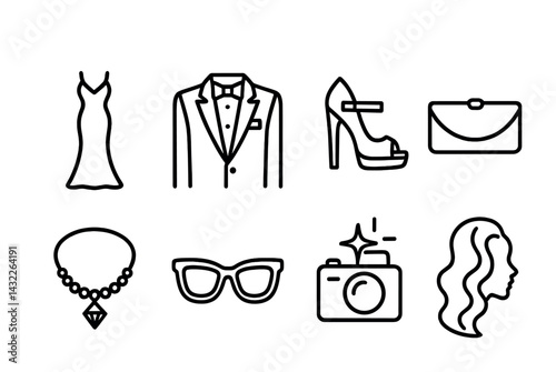 Fashion and style outline icons set – linear design for trend, glamour, and elegance visuals: dress, tuxedo, high heels, handbag, necklace, sunglasses, camera, hairstyle.