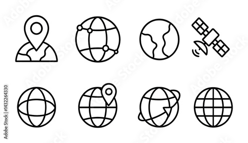 Global connectivity linear icons set – outline digital communication, internet, networking symbols for technology: globe, satellite, network, gps, location, world map, connection, planet.