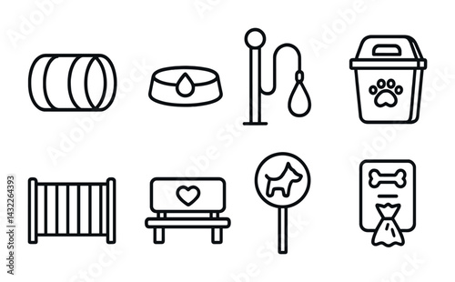 Pet care and accessories linear icons set – outline style for animal supplies, grooming, and pet safety: food bowl, leash, toy, kennel, litter box, dog sign, poop bag.