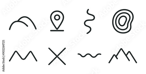 Navigation and mapping icons set – outline style gps, cartography, and location symbols for wayfinding: mountain, map pin, trail, topography, peak, cross, path, terrain.