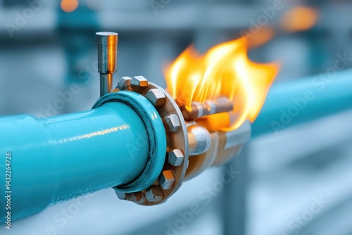 Leaking gas pipe with open flame.  A section of blue pipeline shows a leak with a bright orange flame erupting from a fitting