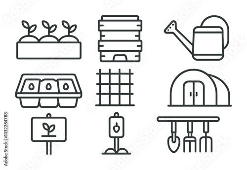 Urban gardening outline icon set – linear style for sustainable living and agriculture: sprouts, compost bin, watering can, seed tray, trellis, greenhouse, plant marker, tools