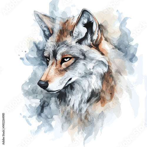 Ethereal Wolf Spirit, watercolor vector, isolated on a white background.