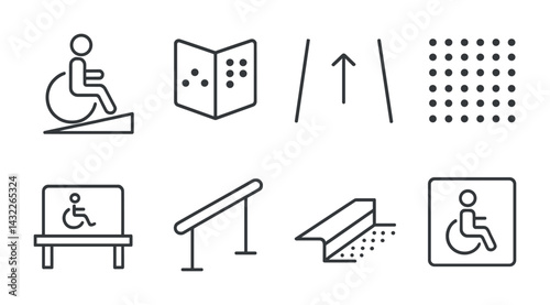 Accessibility icon set – linear style disability access, universal design, assistive technology symbols: wheelchair ramp, braille book, tactile paving, hearing loop, accessible bathroom.