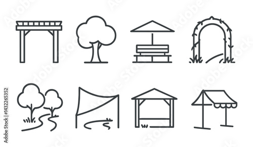 Garden and landscape outline icon set – linear style nature, design, and decor symbols for outdoor spaces: arbor, tree, bench, arch, path, gazebo, pergola, canopy.