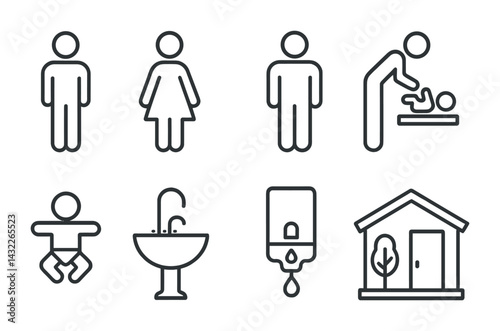 Public restroom outline icons - linear style bathroom and facility symbols for wayfinding: male, female, baby changing, sink, soap dispenser, child, restroom