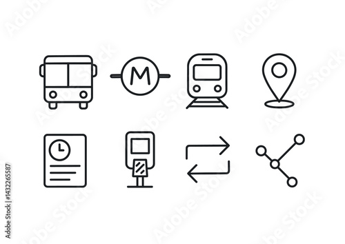 Urban transportation outline icons set – linear style commuting, city transit, and public transport symbols: bus, metro, train, location pin, timetable, ticket machine, route, network.