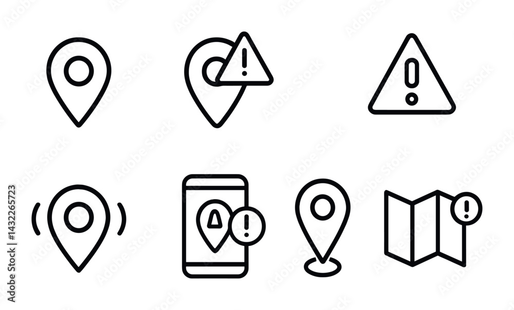 Geolocation and alert icon set – outline style navigation, warning, and map symbols: location pin, alert triangle, gps marker, mobile map, danger sign