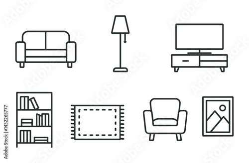 Modern home furniture icons set – outline style interior design, living room décor symbols for home decoration: sofa, lamp, tv, bookshelf, rug, armchair, picture frame.