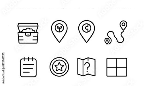 Treasure hunt adventure outline icons – linear map, quest, and exploration symbols for navigational fun: chest, location pin, pathway, map, star, notepad, grid