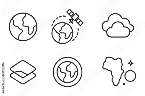 Global connectivity outline icon set – linear style network, communication, and technology symbols: globe, satellite, cloud, layers, map, continent, orbit