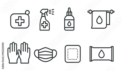 Healthcare and hygiene icon set – outline style medical, sanitation, and safety symbols for public health: first aid, sanitizer, medicine bottle, towel, gloves, mask, wet wipes.