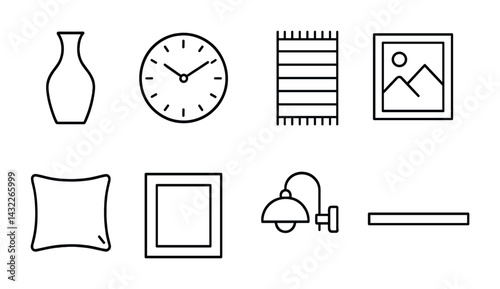 Home decor outline icons set – linear style interior design, decoration, and aesthetics symbols for elegant living: vase, clock, rug, picture, pillow, frame, lamp, shelf.