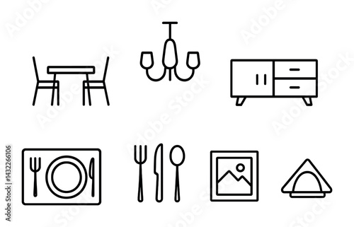 Home dining essentials icon set – outline style kitchen, dining room, and decor symbols for interior design: dining table, chandelier, sideboard, plate, cutlery, art, napkin holder.