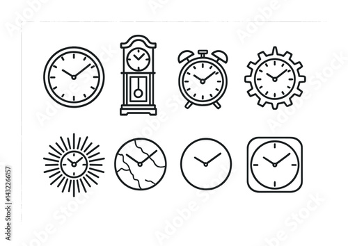 Time and clocks linear icon set – outline style for schedule, punctuality, and history: wall clock, grandfather clock, alarm clock, gear clock, sun clock.