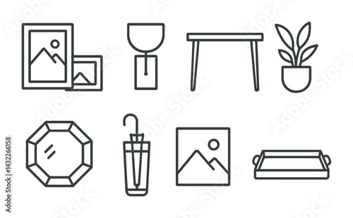 Home decor outline icons – linear style for interior design and aesthetic touch: picture frame, vase, table, plant, mirror, umbrella, wall art, tray