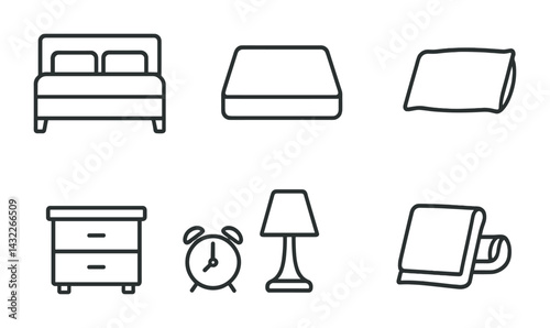 Home and bedroom essentials icons – outline style bedding, furniture, and decor symbols for interior design: bed, mattress, pillow, drawer, clock, lamp, towel.