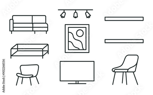 Home décor icon set – outline style interior design, furniture, and modern living symbols: sofa, chair, tv, bookshelf, wall art, light fixture, frame.