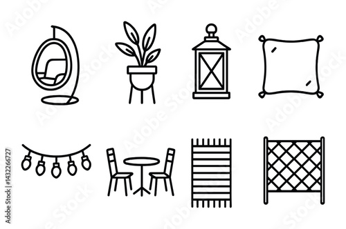 Home decor outline icons set – linear style interior design, garden, and furniture symbols for cozy spaces: hanging chair, plant, lantern, pillow, lights, table, fence, rug