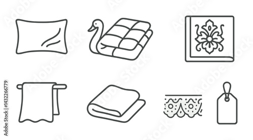 Home decor and textile icons set - outline style for interior design and fashion projects: pillow, duvet, pattern, towel, swan, lace, tag