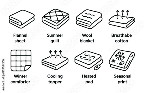 Bedding essentials linear icons – minimalist style sleep, comfort, and textile symbols for bedroom decor: flannel sheet, summer quilt, wool blanket, breathable cotton, winter comforter