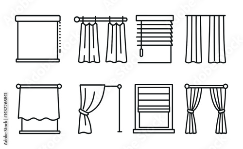 Home decor curtains and blinds icon set – line style interior design, window treatments, and fashionable home accessories: roller, drapes, venetian, blinds, valance, shades, curtain rod, panels.