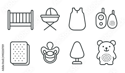 Baby essentials line icons set – linear style infant care, nursery, and parenting symbols for new parents: crib, bassinet, sleep sack, baby monitor, blanket, pacifier, nightlight, teddy bear.