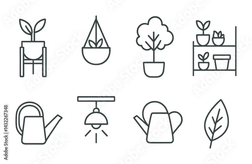 Gardening and plant care linear icons set – outline style horticulture, botany, and home gardening tools: potted plant, hanging pot, tree, garden shelf, watering can, leaf.