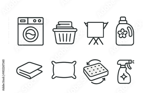Home laundry icons set - outline style for cleaning and washing essentials: washing machine, laundry basket, drying rack, detergent, folded towel, pillow, sponge, spray bottle