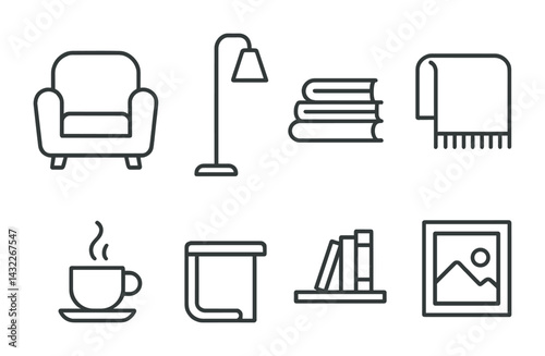 Cozy home outline icon set - linear style comfort, living room, and decor symbols for interior design: sofa, lamp, books, blanket, coffee cup, shelf, wall art