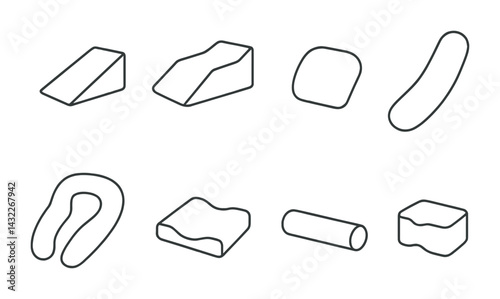 Geometric 3d shapes icon set – outline style for mathematics, design, and education: parallelogram, trapezoid, rectangle, ellipse, circle, cylinder, cube, cubic