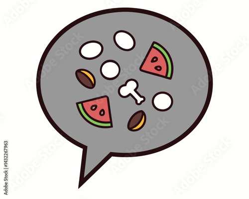 Food Waste Illustration: Watermelon, Bones, Seeds, Eggs in Grey Speech Bubble