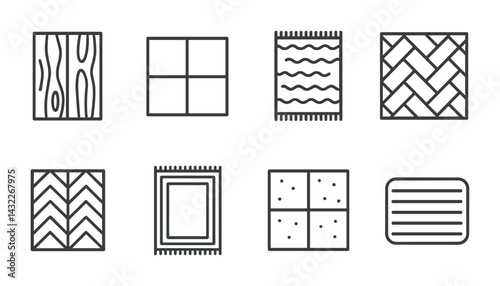 Home flooring outline icons set – linear style interior design, renovation, and architecture symbols for building projects: wood, tile, carpet, parquet, herringbone, mosaic, laminate, mat.
