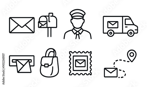 Postal and delivery outline icon set – linear mail, courier, and logistics symbols for communication: envelope, postal truck, mailbox, delivery route, mailbag, stamp, parcel.