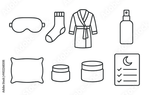 Bedtime essentials line icons set – sleep routine, relaxation, and night care symbols in outline style: sleep mask, socks, bathrobe, pillow, spray, cream, checklist