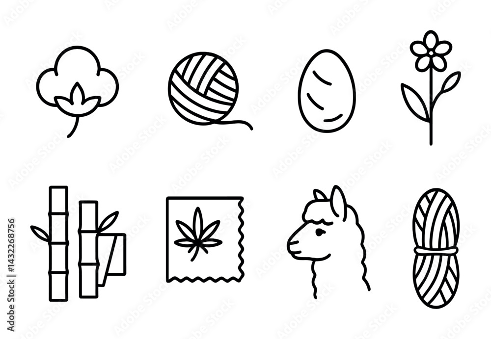 Fototapeta premium Eco-friendly textile icons – outline style natural fiber, sustainable fashion, and organic materials symbols: cotton, yarn, silk, hemp, bamboo, wool, alpaca, linen.