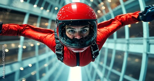 Skydiver in a wind tunnel wearing a red suit, showcasing the thrill of indoor skydiving