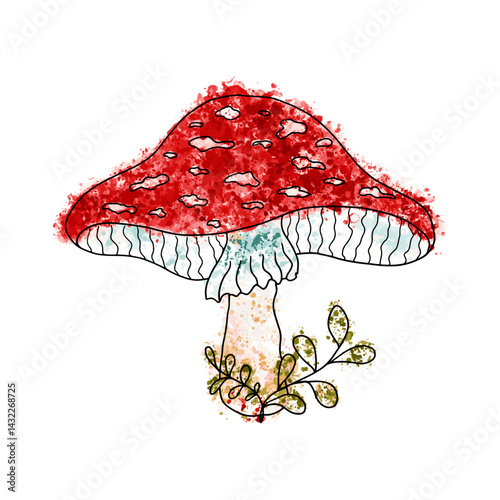 Hand drawn picture of fly agaric fungi. Botanical forest illustration for design, print, fabric. Sketch doodle drawing of magic poisonous mushrooms with colorful watercolor stains.