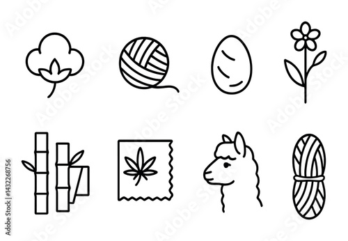 Eco-friendly textile icons – outline style natural fiber, sustainable fashion, and organic materials symbols: cotton, yarn, silk, hemp, bamboo, wool, alpaca, linen.
