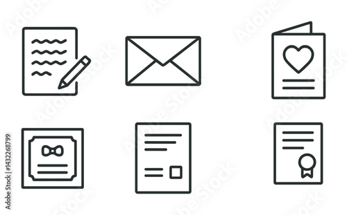 Communication and document outline icons – line style symbols for messaging and paperwork: letter, envelope, greeting card, certificate, invoice, award