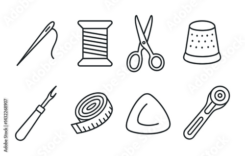 Needlework tools outline icons set – linear sewing, crafting, and tailoring symbols for diy projects: needle, thread, scissors, thimble, seam ripper, tape measure.