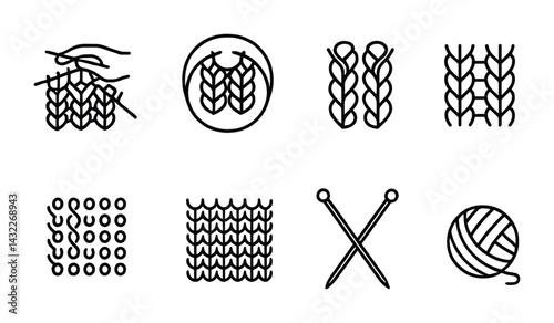 Knitting and crochet outline icons set – linear style yarn craft, textile design, and diy symbols for creative projects: knitting needles, yarn ball, stitch pattern, crochet