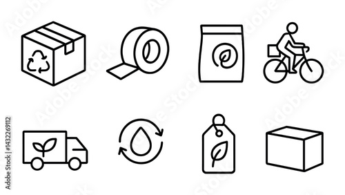 Eco-friendly outline icons set – sustainable environment, recycling, and green living symbols: recycle box, tape, eco bag, bicycle, delivery truck, water cycle, eco label, box