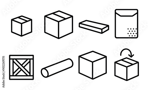 Shipping and packaging icons set – outline style, logistics and delivery symbols for supply chain: box, crate, envelope, package, cylinder, parcel, arrow, label.
